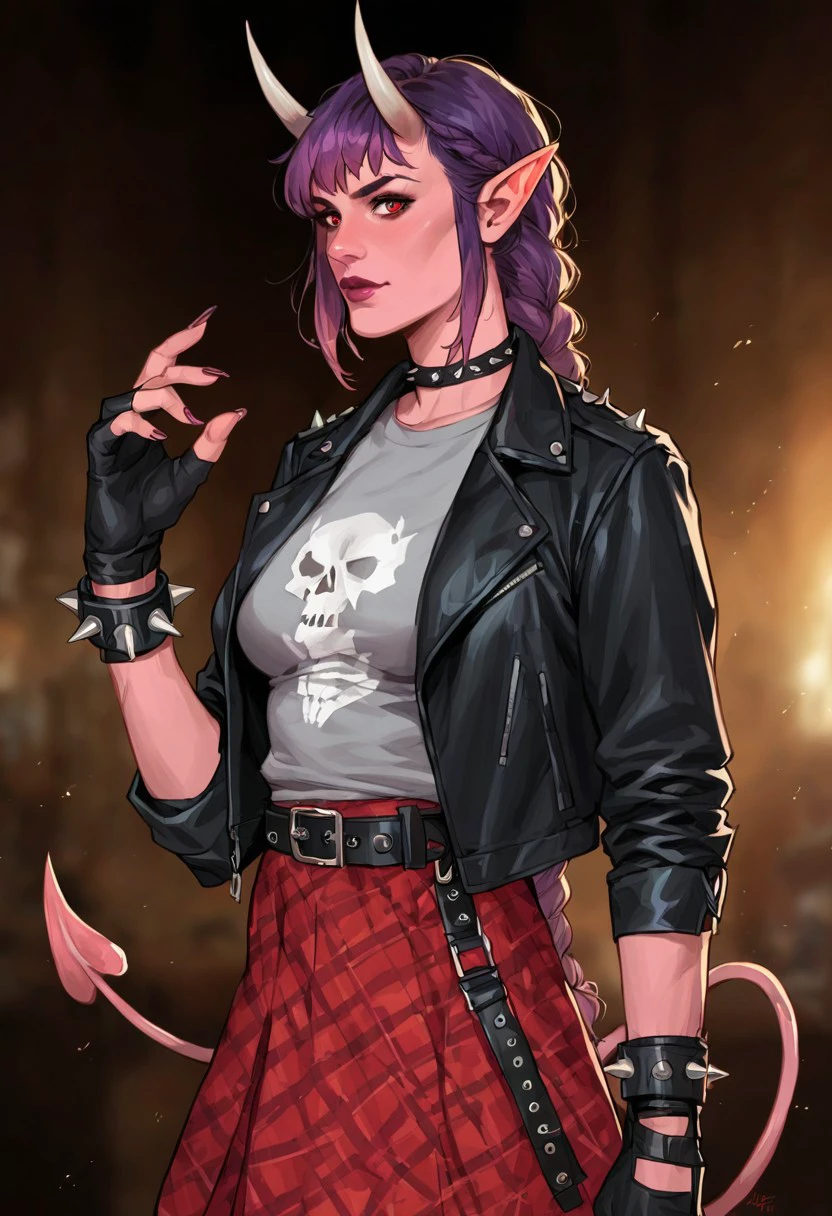 Score_9_up, score_8_up, score_7_up, score_6_up,  source_realistic, BREAK 1girl, solo, Figfaeth, horns, pointy ears, red eyes, brown hair, purple hair, gradient hair, braid, bangs, colored skin, pink skin, devil tail, makeup, leather jacket, grey skull print shirt, spiked bracelets, fingerless gloves, belt, red plaid skirt,