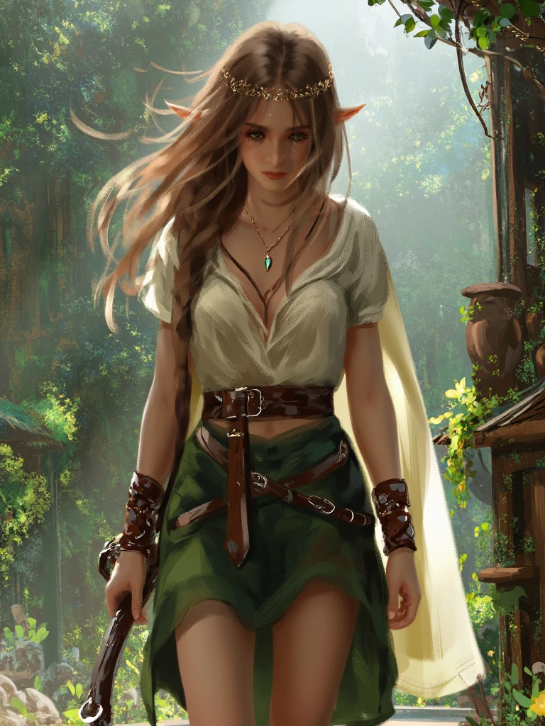 wlop style painting with thick brush strokes. A woman with brown hair, elven ears, wearing nature like clothes, walking through a forest village, holding a bow in her hand