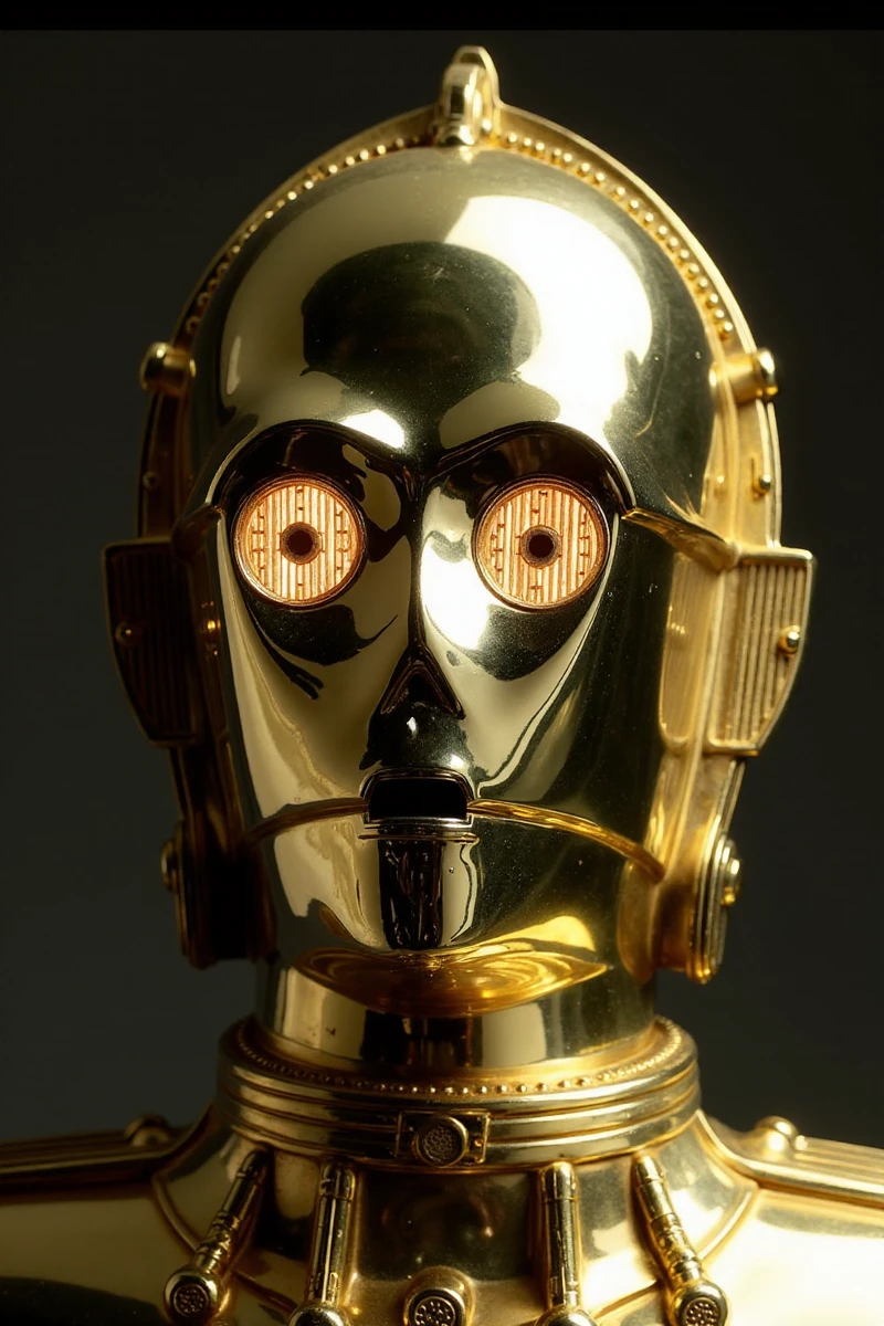 a closeup face portrait of C3PO. Star wars. Highly detailed. Professional photography  <lora:C3PO:0.9>