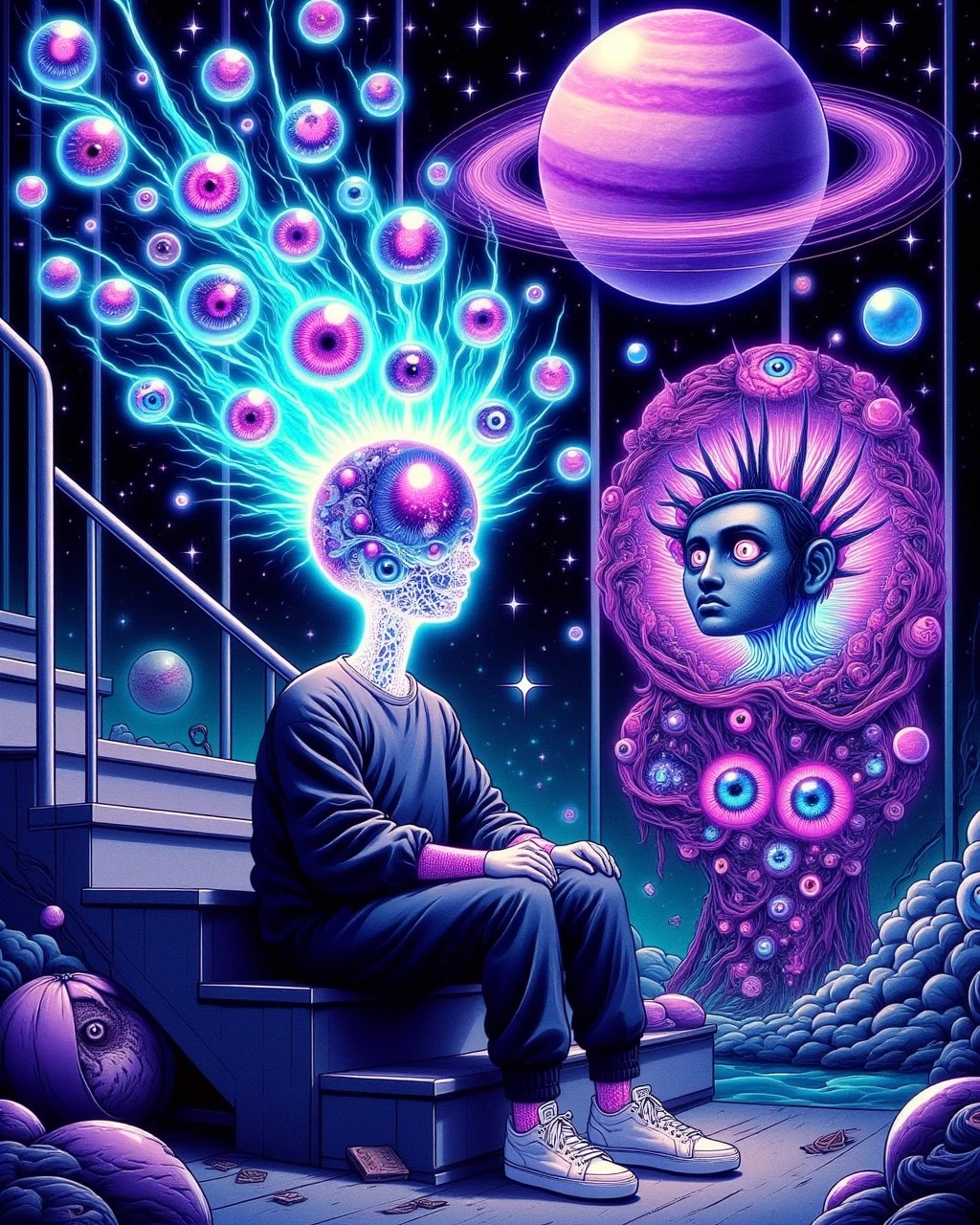 aiai-B1ngLucid, In the center of the image, a person is seated on a set of stairs, their body oriented towards the right side of the image. They are wearing a sweater and sweatpants, and their feet are clad in white sneakers. The person's head is flaing with cosmic energy with a large, glowing orb that radiates a blue light. To the right of the person we see a planet-like orb with a human face with White Eyes. Above the person, a large, purple Saturn-like planet is also present. The background of the image is a dark blue color with thin vapors.