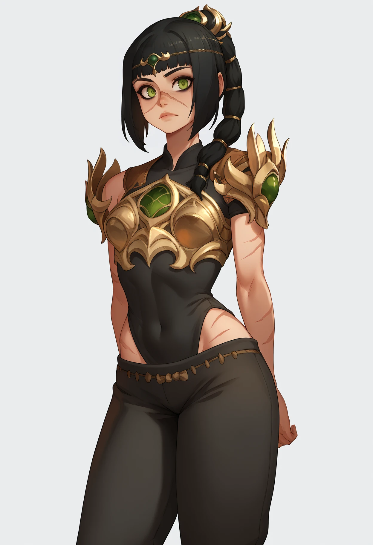 score_9, score_8_up, score_7_up, BREAK,
1girl, solo, shadowheart, black hair, braided ponytail, green eyes, scar on face, circlet,
looking at viewer, armor, pants, arms behind back, standing, looking at viewer, white background <lora:ShadowHeartXL:0.8>  <lora:XaxaxaXLLocon_byKonan:1>