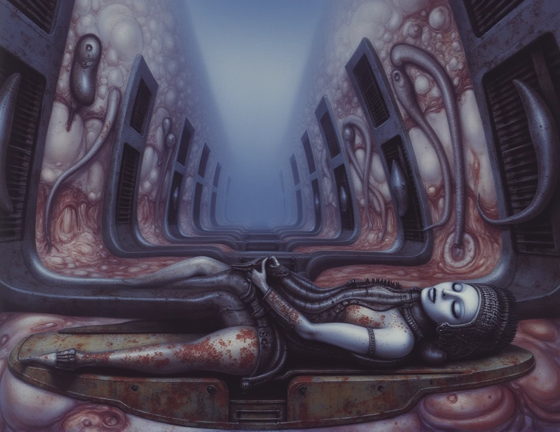 <lora:flux_giger_000003600:1> gigerart.a piece of art by HR Giger. the floor is a snaked mess of tentacles and phallic shapes. in the distance is a canyon carved into flesh. metallic vents are implanted into the flesh walls. hues of grey and blue. a woman layers on the floor in the foreground with a pale face, eyes closed. her skin is mottled and covered in boils and bumps. her body is covered in holes and ports and the rusted, filthy metal suit she wears merges into the floor underneath her. Her body is diseased and deformed with growths and skin marks. A metal platform underneath her is grungy, with channels and ribs around her shape. she wears a crown of rusted metal that digs into her flesh. her skin is pale blue. the scene is oppressive and foggy