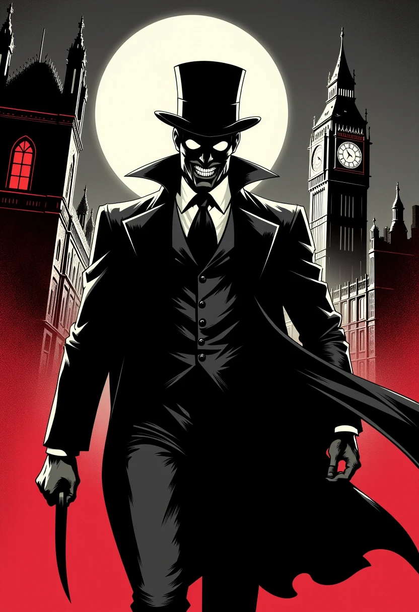 <lora:lnrnr_flux_EliPot:1>, (noir comic style with grey with red accents hues), a man wearing a top hat and waist coat with an evil grin holding a knife walking through London city at night with white moon and big ben in background,