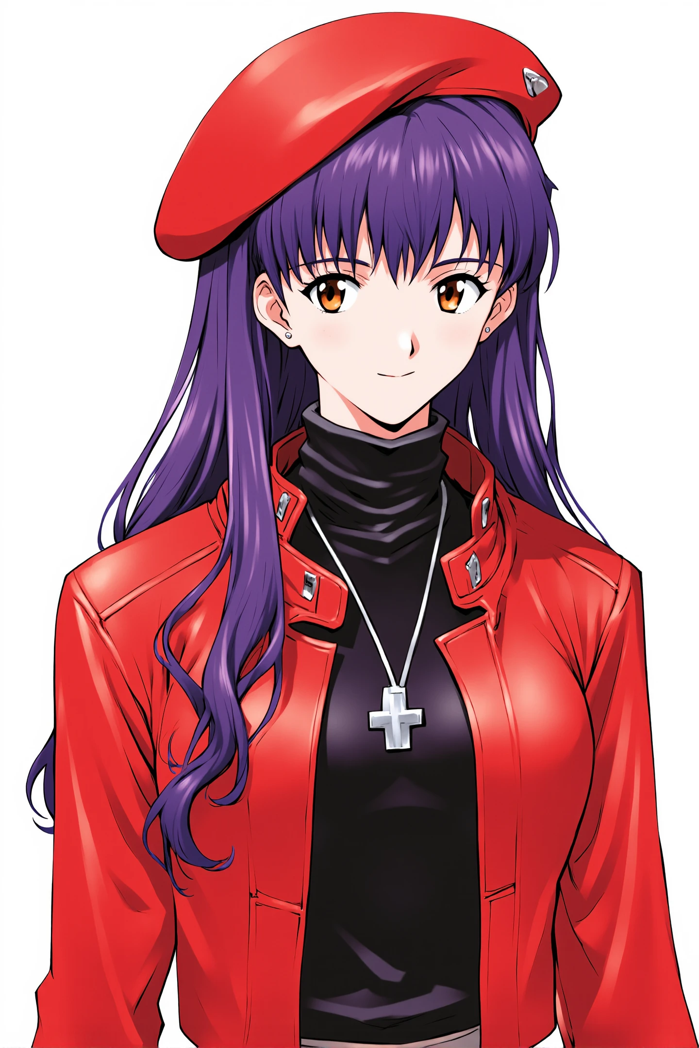 Sadamoto Yoshiyuki Style,katsuragi misato,1girl,jewelry,solo,red beret hat,long hair,red jacket,smile,jacket,brown eyes,medium breasts,upper body,bangs,open jacket,stud earrings,long sleeves,open clothes,closed mouth,cropped jacket,cross necklace,turtleneck,purple hair,parted bangs,black shirt,looking at viewer,
<lora:Sadamoto Yoshiyuki_FLUX:1>,