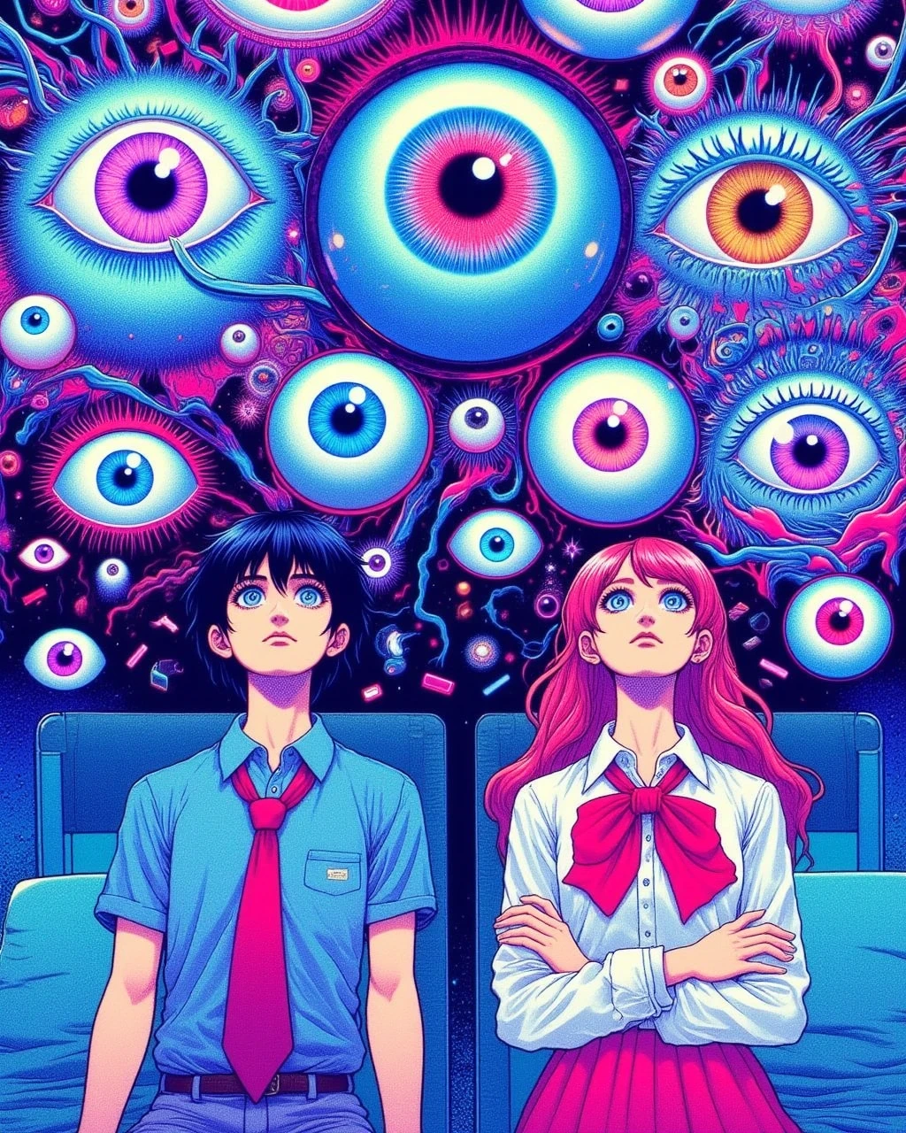 aiai-B1ngLucid, aiai-B1ngLucid, The image depicts two individuals, a man and a woman, seated on a bed and gazing upwards the sky. The man is wearing a blue shirt and red tie, while the woman is wearing a white blouse and red ribbon. The background is filled with numerous large eyes, appearing to be floating in the sky. The colors in the image are predominantly blue, pink, and purple, creating a dreamlike and ethereal atmosphere. The image is rendered in a surreal, dreamlike style with a blend of colors and shapes.
