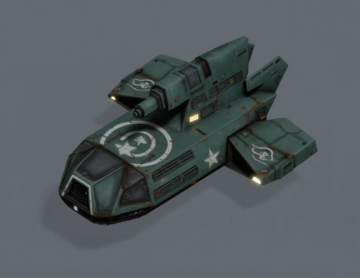 an isometric sci-fi hovercraft. it is painted in a military green shade with white hightlights. the metal is rusted and dusty. There are two wings towards the rear and a cannon turret on the top. the sides have painted on white logo of a star inside a circle outline <lora:flux_battlezoneunitsv2_000002600:1>