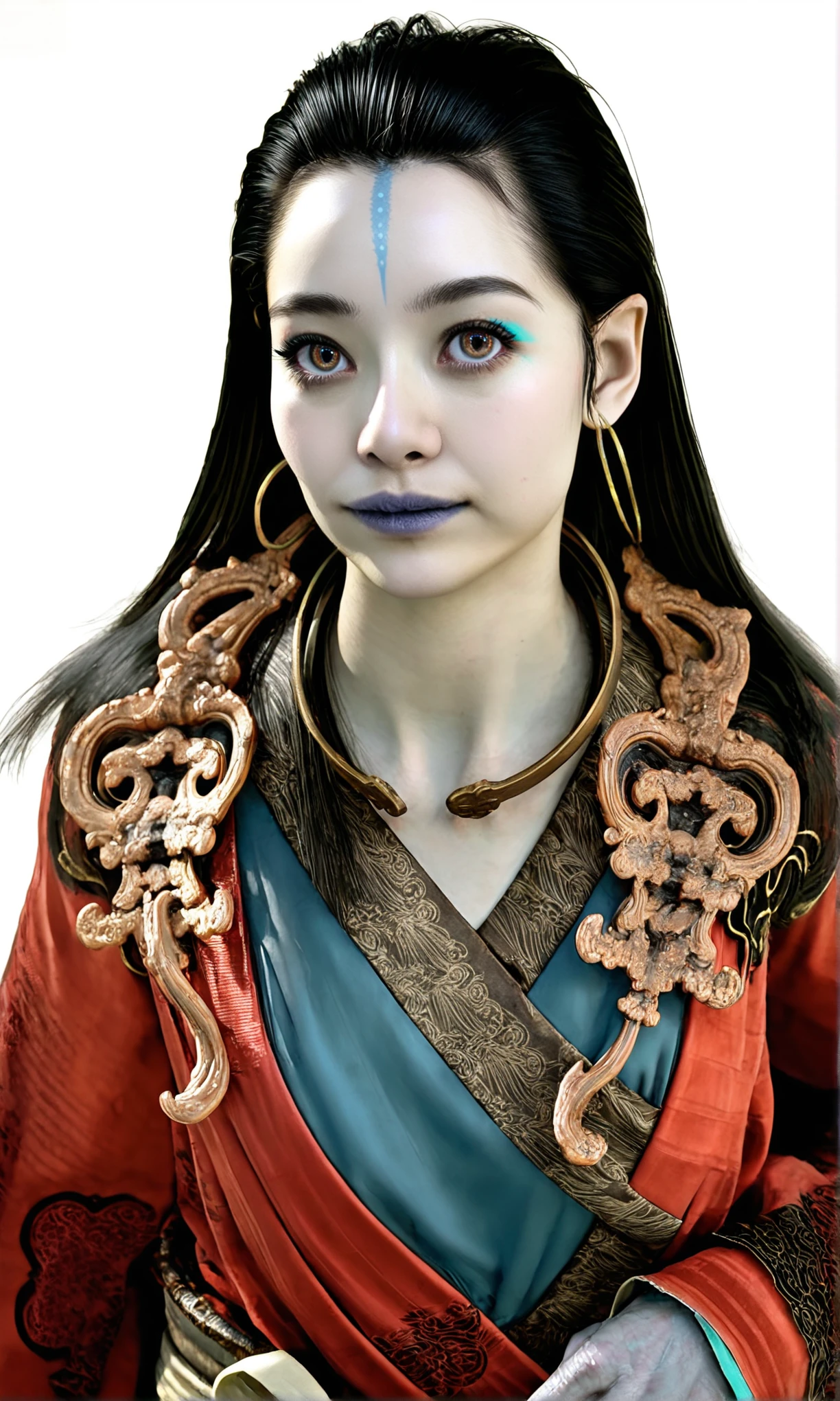 8k, best quality, masterpiece, (ultra-detailed), (high detailed skin), vivid color, realistic, 
looking at viewer, (solo:1.3), white background, simple background, 
<lora:kangjin2-atw2-Tanger:0.8>, kjlniang, default clothes, red hanfu, grey skin, 1girl, black hair, jewelry, colored skin, 
upper  body, looking at viewer, portrait, mid shot, half-body photo,