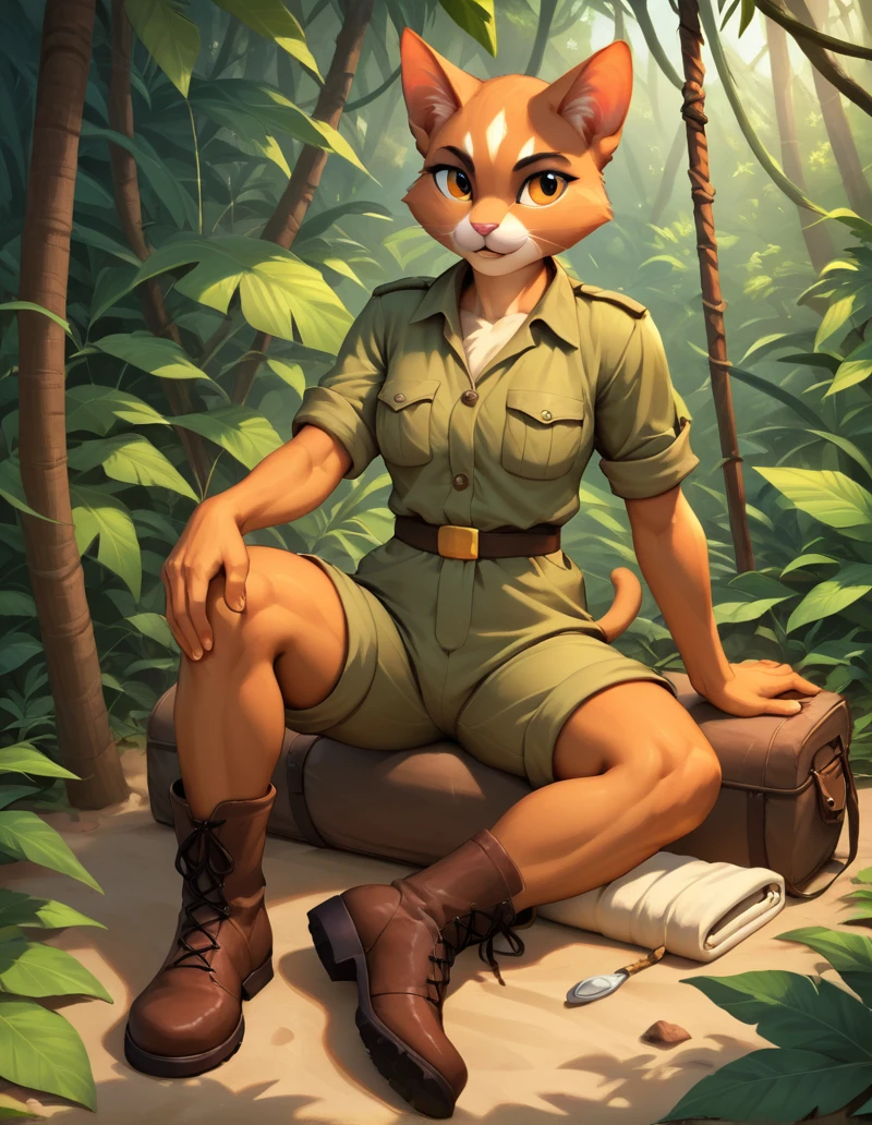 score_9, score_8_up, score_7_up, score_6_up, score_5_up, score_4_up, source_furry, rating_sfw, highly detailed, masterpiece, solo, 1girl, anthro cat female, safari_outfit, boots, campsite, jungle, bright scene, dense foliage, <lora:Safari_Outfit_-_Female.safetensors:0.8:0.8>