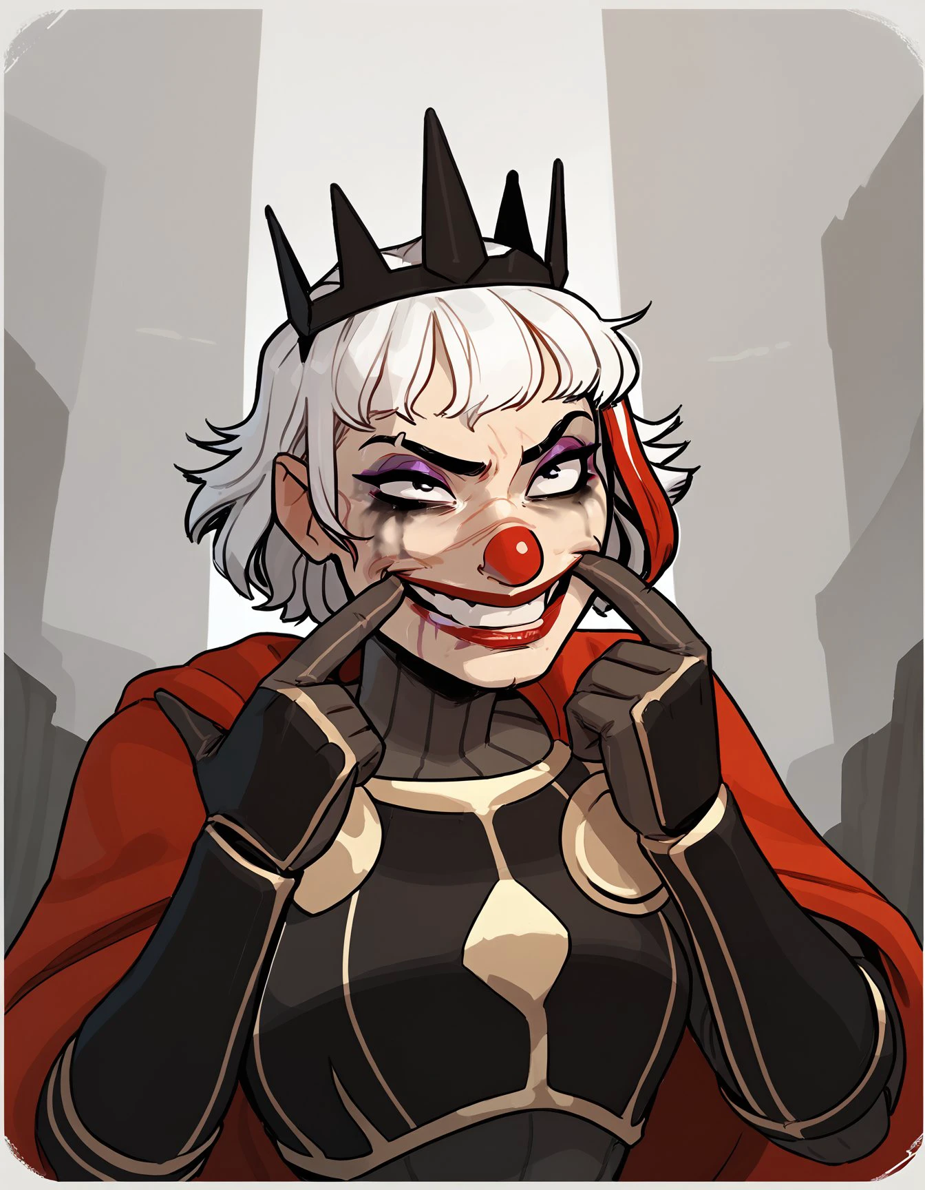 score_9, score_8_up, score_7_up, score_6_up, incase BREAK, forced smile, mouth pull, fingersmile, makeup, clown nose, runny makeup, 1girl, solo, short hair, white hair,multicolored hair, makeup, scar, crown, armor, cape, gloves, ulf-dh <lora:add-detail-xl:0.3> <lora:Ulfger_PDXL:0.6>  <lora:Lunas-InCase-SDXL-A3:0.8> incase <lora:JokersForcedSmile_pdxl_Incrs_v1:0.8>