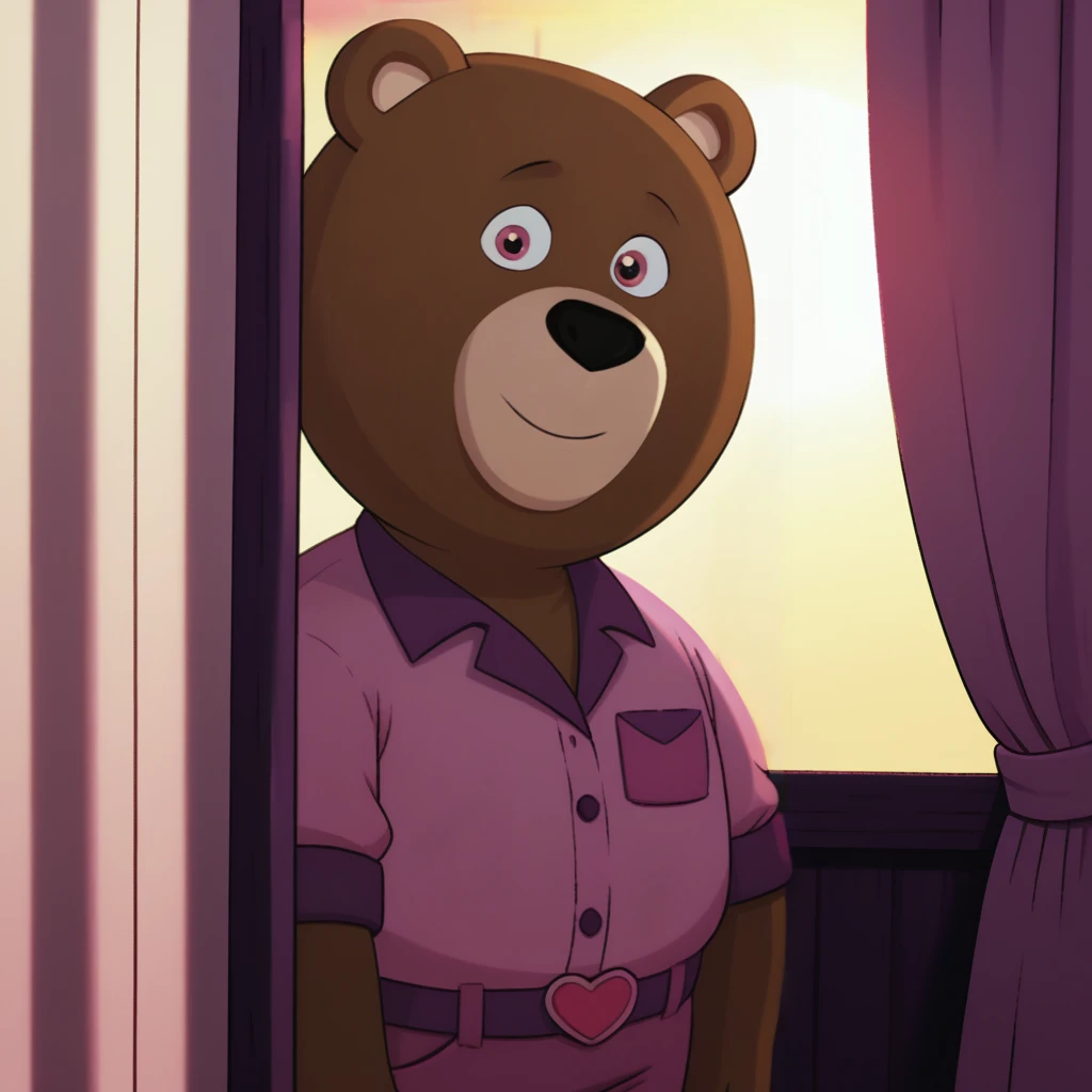 score_9, score_8_up, indoors, <lora:blackie-v12-14:1> uwblackiev, brown bear, 1boy, solo, pink shirt, sunlight, purple pants, belt, ((see-through silhouette:1.5)), upper body, (smile:0.2),