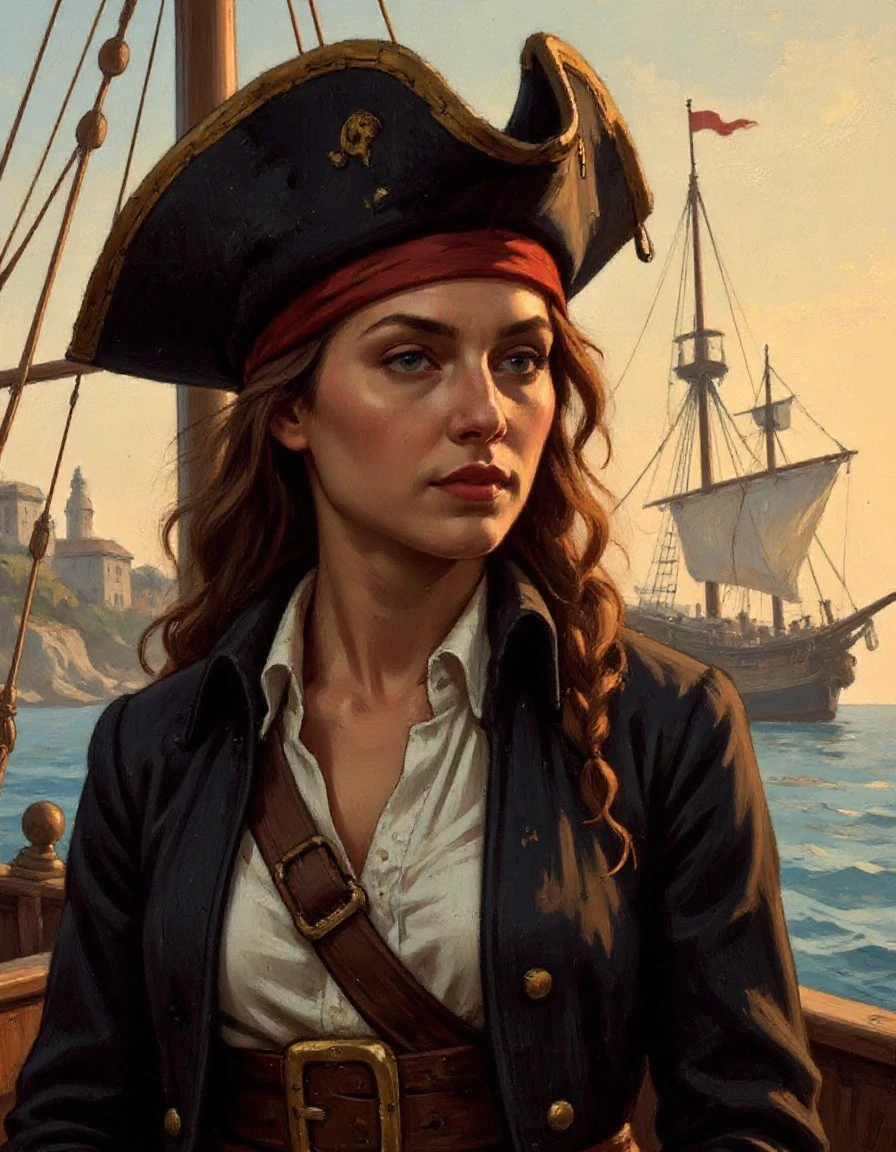 illustrated portrait of a female pirate ship's captain on her sailing ship late day romantic light with long shadows fantasy setting