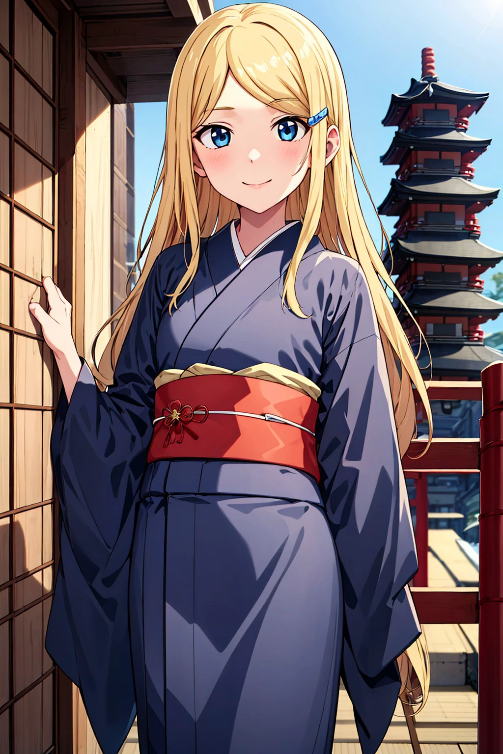 (1girl, solo), looking at viewer, blonde hair, long hair, straight hair, blue eyes, swept bangs, hairpin, white barrettes, slender, front lit, (smile:0.8), sidelocks, haruno saya, (flat color:1.2),  outdoors, (japanese clothes, kimono, obi:1.4),, <lora:e4661f89-3577-483e-846f-0ab5a1583fa2:0.6>