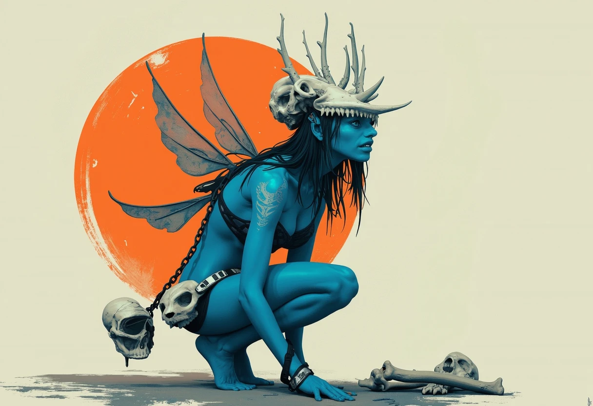 pscl, woman crouched on the ground with blue skin and an animal skull on her head raised to show her face black hair spikes coming out of her shoulder bones sticking out of the back of the skull on her head, curved pointy ears, black chain, skull on her hip attached to black strap, carrying bones over her shoulder, four fairy wings attached to her back, orange circle behind her, greyish background with lighter splotches