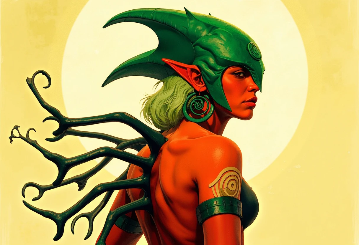 pscl, woman with reddish orange skin and smooth angled protrusions sticking out of her back, wearing a pointed green face and head covering, pointy ears, bones hanging down, bones around arm, view from side, side of her face is visible, spiral on face, greenish blond hair, the face covering is pointed emerald green like a birds beak with two wings spreading out from the top of it, the background is yellow and white