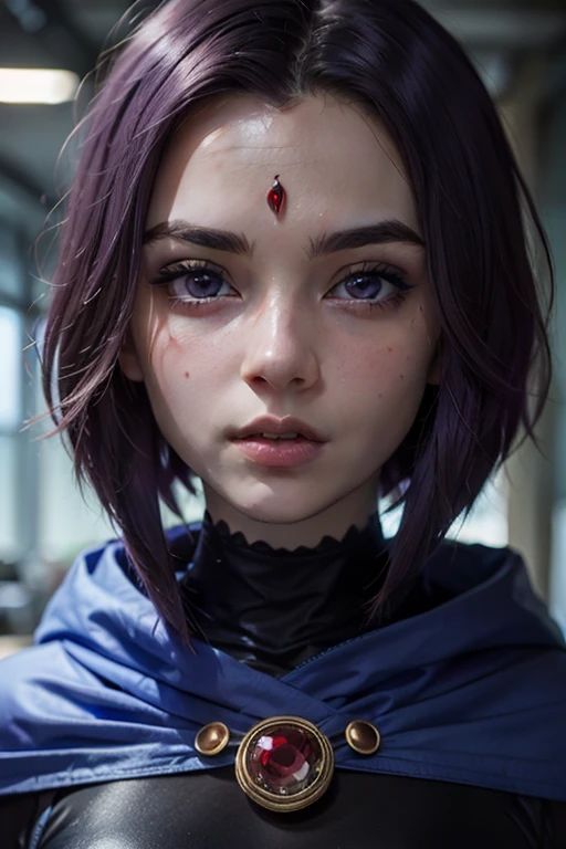 A stunning and intricate full color portrait in Ultra-HD, 16 year old girl, short purple hair, violet eyes, red gem on forehead, (grey skin), perfectly detailed face, blue cape, (dark leotard), epic characters ., alessio albi. nina masic, sharp focus, natural lighting, subsurface dispersion, f2, 35mm<lora:EMS-434451-EMS:1.000000>