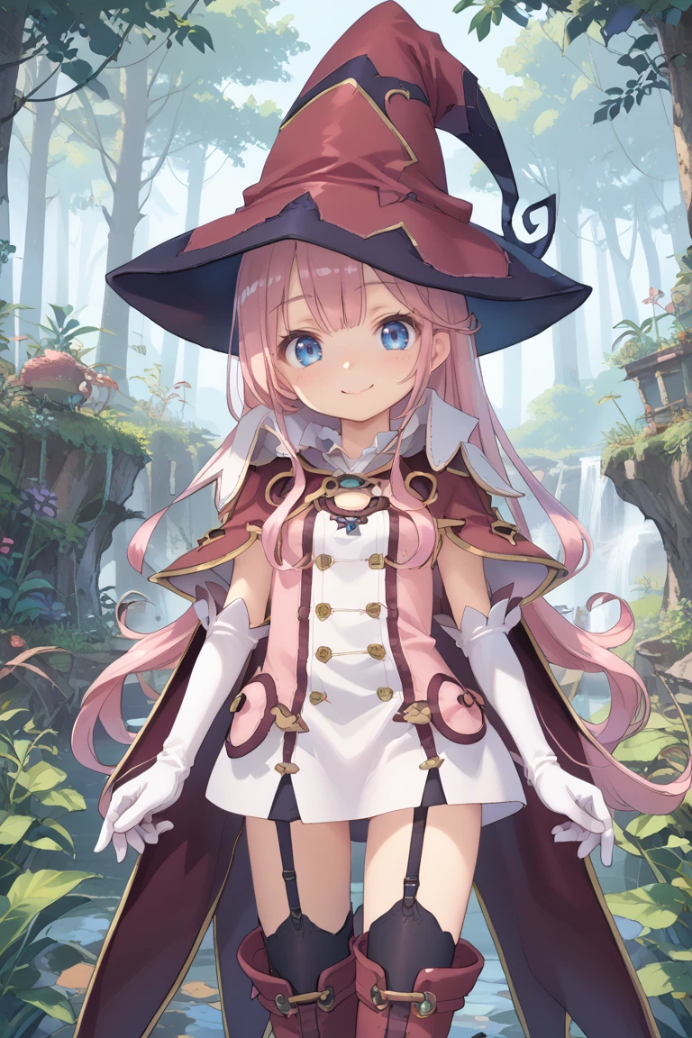 score_9, score_8_up, score_7_up, score_6_up, source_anime, BREAK, <lora:Pamela:0.8> pamdef, 1girl, pink hair, long hair, blue eyes, witch hat, white skirt, witch outfit, white elbow gloves, cape, black zettai ryouiki, thighhighs, garter straps, boots, cowboy shot, looking at viewer, smile, happy, scenery, exterior, outdoors, forest, jungle,  <lora:backgroundsetXL:0.3> , background,