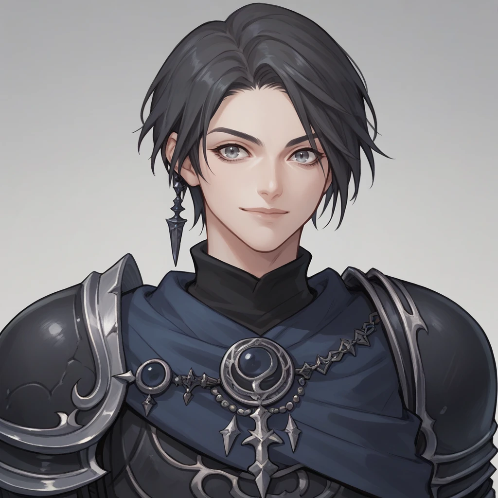 score_9_up, score_8_up, score_7_up, score_6_up, ff14zero, androgynous, solo, jewelry, black hair, short hair, grey eyes, black armor, shoulder armor, cape, upper body, looking at viewer, smiling, <lora:Zero-000008:0.9>