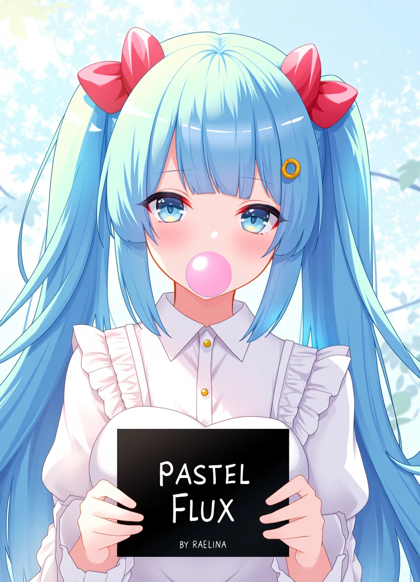 The image is pastel anime featuring a young woman with a striking appearance. The character has long, flowing, light blue hair styled into twin ponytails, each secured with red bows. Her hair is voluminous, cascading down past her shoulders. Her skin is fair, and she has large, expressive blue eyes with a gentle, almost melancholic expression. She is wearing a white, frilly blouse with puffed sleeves and a high collar, which gives her a somewhat formal or maid-like appearance with a pink bubblegum bubble in her mouth, adding a playful and whimsical element to her demeanor. She is holding a black sign with white text, reading "PASTEL FLUX" and "BY RAELINA". The background is a delicate mix of soft-focus leaves and trees. The image is rendered with ultra-detailed, high contrast, and in 8k resolution.