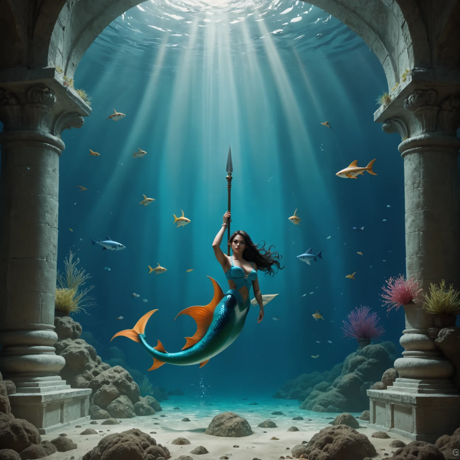 deep underwater, mermaid, holding spear, frown, looking at viewer, pet shark, <lora:epwpony:0.8>, elementalplanewater, BREAK score_9, score_8_up, score_7_up, best quality, masterpiece, 4k, prefect lighting, very aesthetic, zPDXL