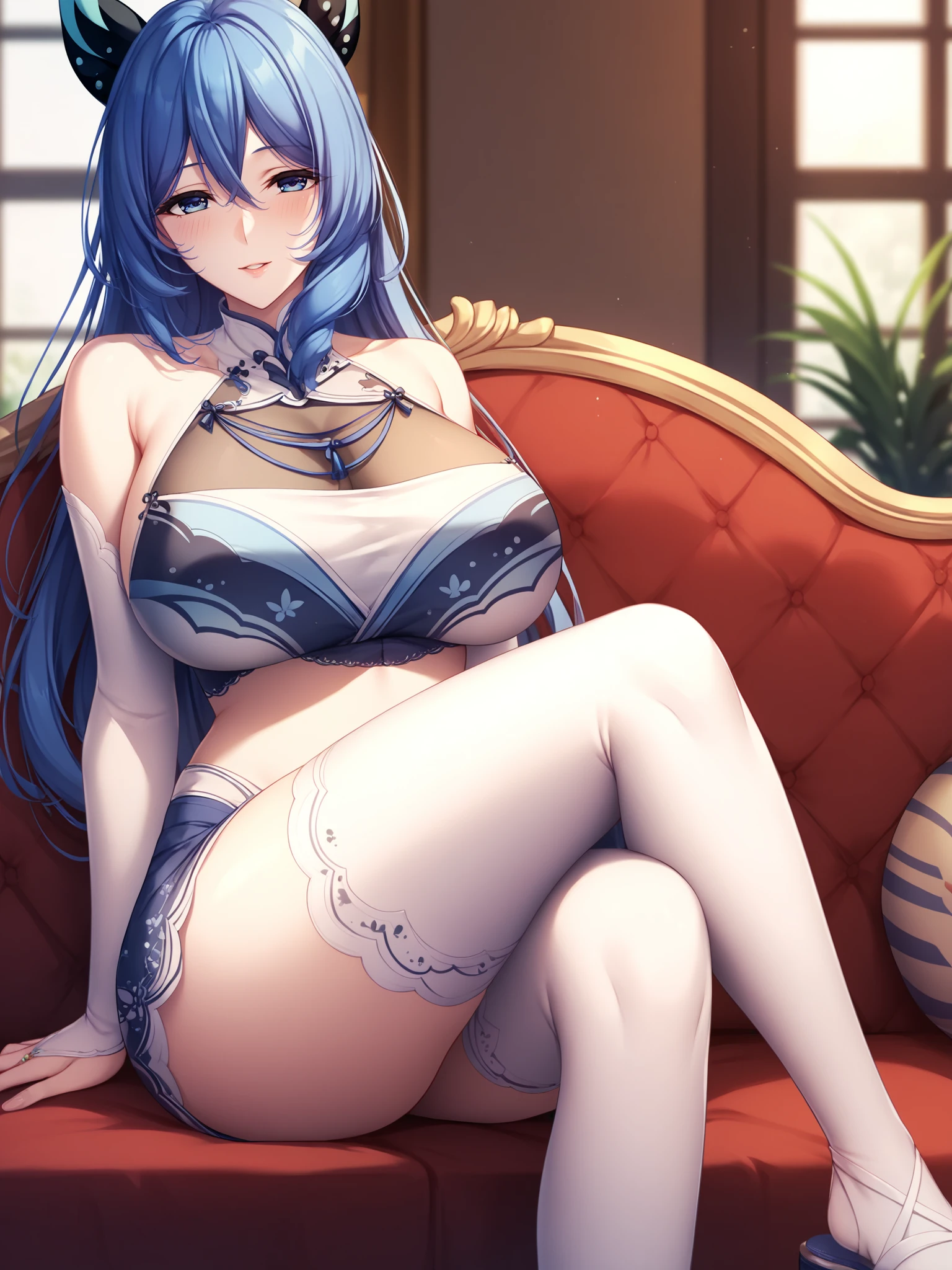 score_9, score_8_up, score_7_up, score_6_up, uncensored,
Mai Aoe is sitting on sofa, crossed legs,
1girl, mature female, solo,
looking at viewer, happy, parted lips, blush,
blue hair, blue eyes, long hair, butterfly hair ornament,
two-tone clothes, crop top, see-through cleavage, turtleneck, bare shoulders, bridal gauntlets, skirt, white thighhighs, sandals, 
large breasts, midriff, thighs,
indoors, room,
 <lora:Mai Aoe3216PDXL_1:1>