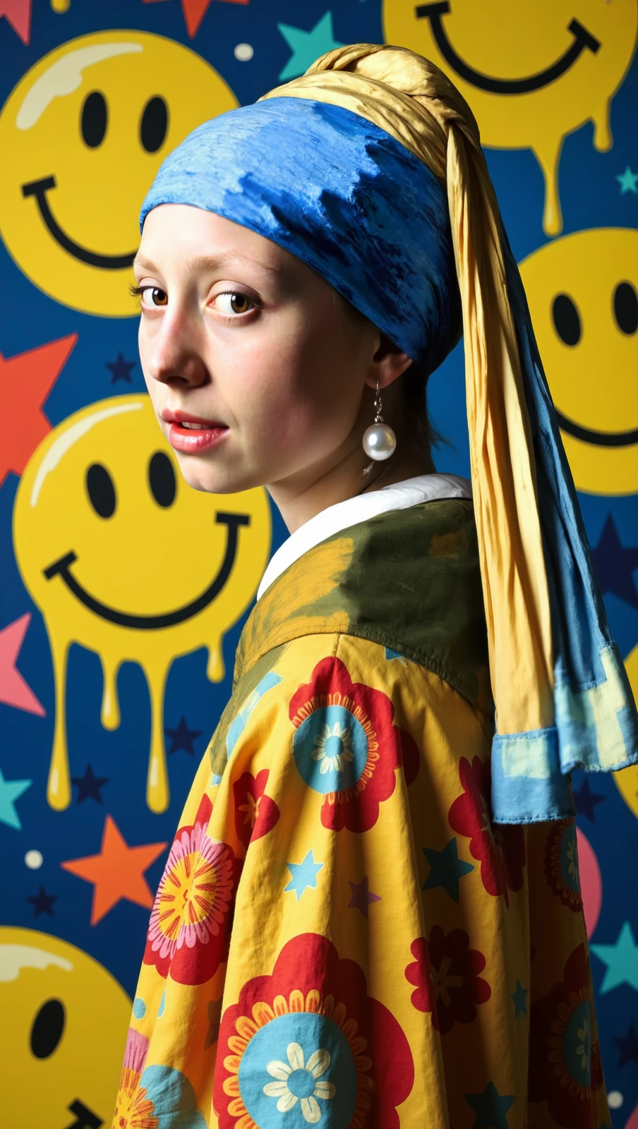 gwpe,In a vibrant, colorful setting, "The Girl with a Pearl Earring" is reimagined with a playful and contemporary twist. Set against a lively backdrop of multicolored smiley faces and dripping paint patterns, she stands out in the scene with her classic face, framed by her iconic blue headscarf that gracefully wraps around her blonde hair.

The model is dressed in a bold, psychedelic outfit reminiscent of the one in the reference image, with bright, swirling patterns and cut-out details that add a touch of modern flair. Her serene, contemplative expression contrasts intriguingly with the dynamic, energetic background and her avant-garde attire.

The fusion of the historical and the contemporary creates a striking visual, blending the timeless beauty of "The Girl with a Pearl Earring" with a vibrant, fashion-forward environment. Her presence brings a sense of calm and elegance to the otherwise playful, chaotic setting, resulting in a unique and eye-catching piece of art.