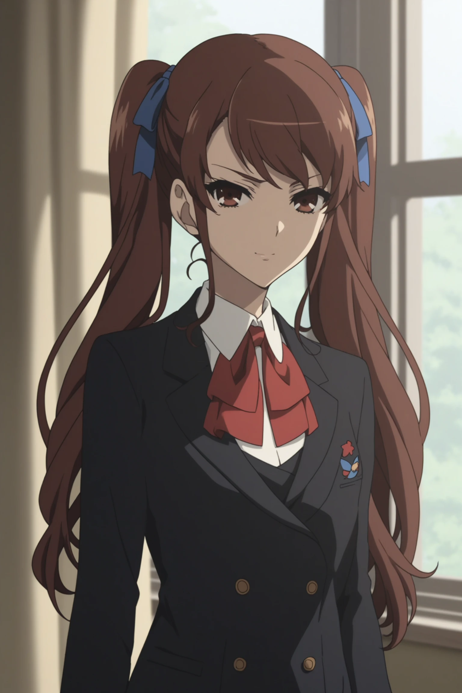 akazawa izumi, brown hair, long hair, twintails, blue hair ribbon, brown eyes, akazawaschoolwin, school uniform, blazer, long sleeves, black jacket, white shirt, collared shirt, red neckerchief, school emblem, blue skirt, pleated skirt, black thighhighs, loafers, <lora:Izumi_Akazawa:0.9>, score_9, score_8_up, score_7_up, score_6_up, score_5_up, source_anime, rating_safe, medium breasts, indoors, 1girl, solo, looking at viewer, <lora:age_slider_v4:1.5>, (dynamic pose:1.2), (upper body:1.2)