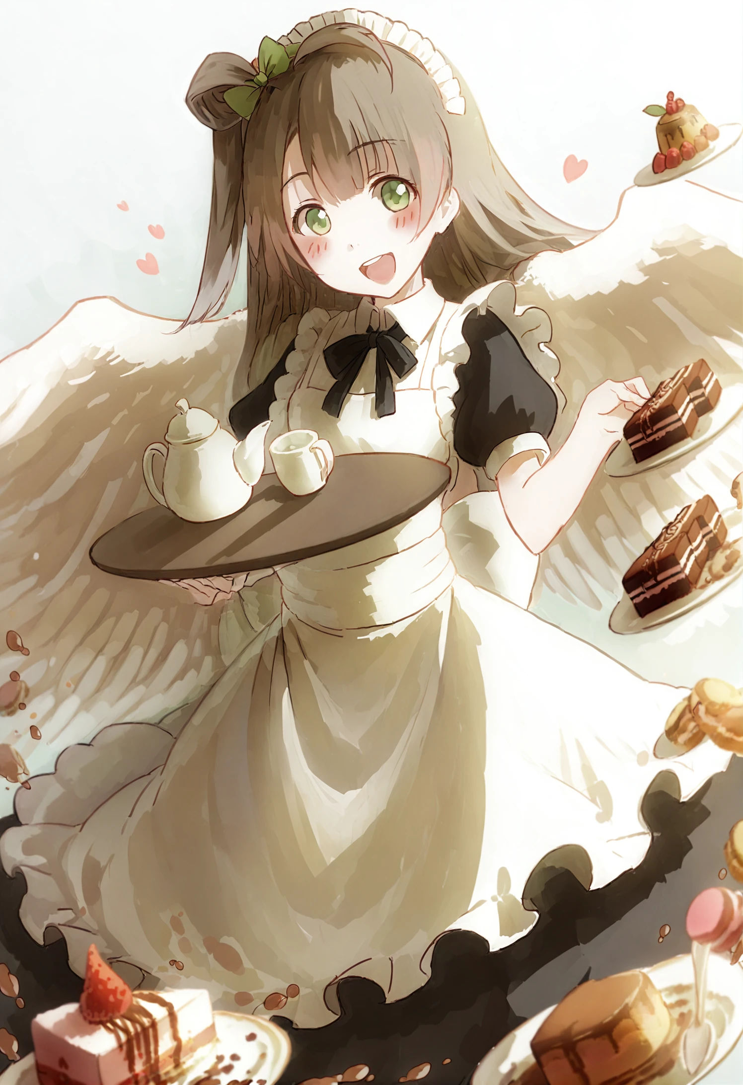 masterpiece, best quality, solo, 1girl, minami kotori, food, cake, long hair, smile, teapot, open mouth, brown hair, teacup, maid, cup, one side up, maid headdress, looking at viewer, wings, blush, :d, apron 
 <lora:junsui0906XLlokr4f-000181:0.95>