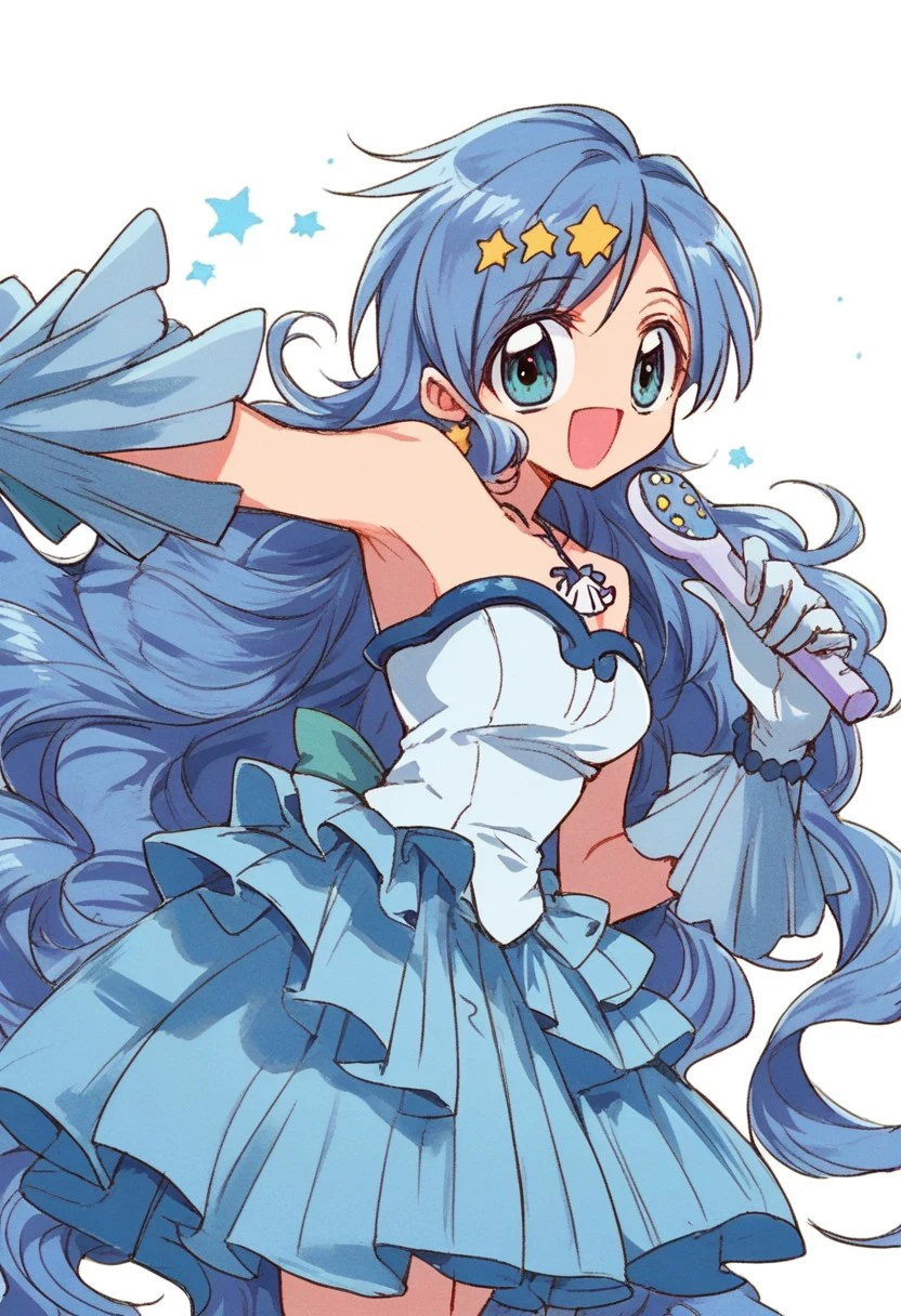 score_9,score_8_up,score_7_up, source_anime, <lora:hanon.pony:1>,hanon,blue hair,long hair,blue eyes,mini dress,gloves,boots,off shoulder,bare shoulder,shell necklace,wrist jewlry, standing, bend over, solo, looking at viewer, cowboy shot, dutch angle