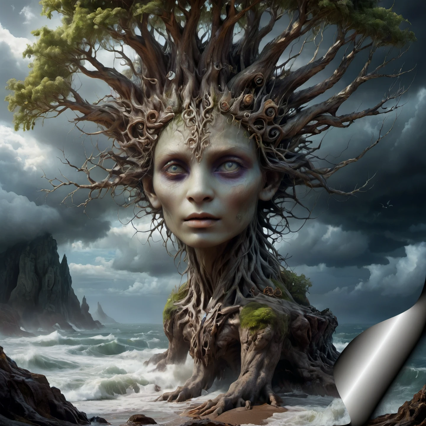 A fantasy tree, bearing the face of a mystical being, a face weatheredf by storms and seas, grimly determined.

<lora:PageCurl01-00_CE_SDXL_128OT:1.2>