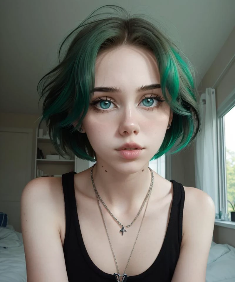 portrait, female facial focus, looking at viewer, close up,
alinaodd, 1girl, solo, lips, makeup, green hair, short hair, necklace, bare shoulders, black shirt,
indoors, bedroom,
realistic, skin detail, volumetric lighting
<lora:Alina_V1:0.75>