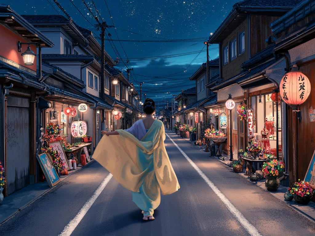 wlop style painting with thick brush strokes. The scene is a small street in Tokyo, Japan. It is a colorful street with merchant stores and temples on the side of the street. The houses are medium high, with high houses in the background. In the middle of the road a beautiful Japanese woman wearing light traditional clothing is dancing in the dark night.