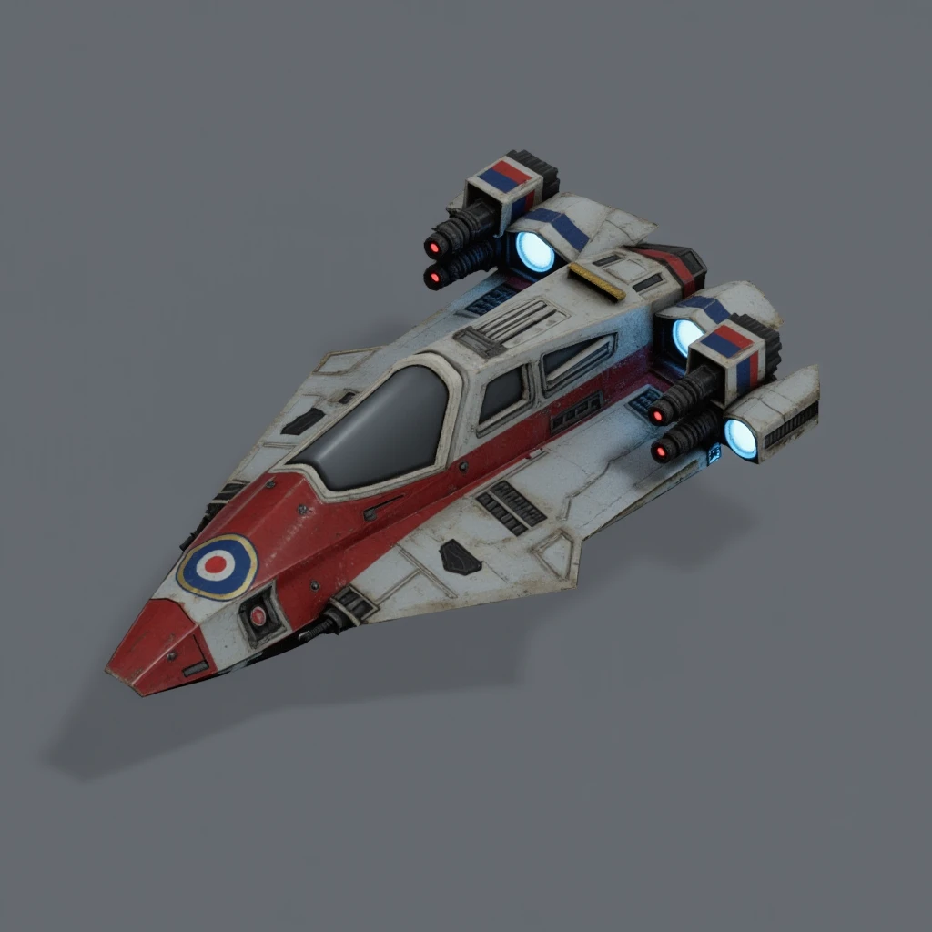 <lora:flux_scifiunitsv2_000002600:1>An isometric view of a British Combat unit. The vehicle is sleek and curved and painted a military red white and blue. The wing features the logo of a blue circle with a red dot inside it. two prominent boosters with blue glowing cores are attached to the rear fin. dual machine guns are mounded on each wing