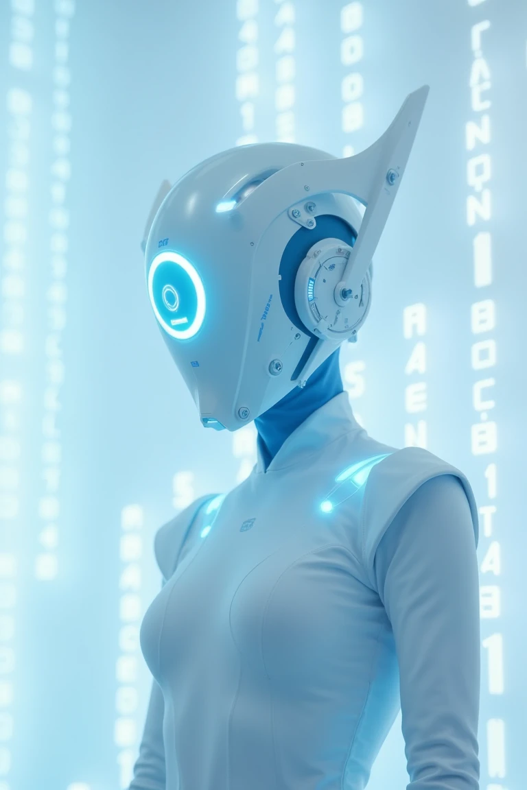 A sleek, minimalistic cosplay helmet with a smooth, streamlined design, featuring a matte white and light blue color scheme. The helmet has a soft blue LED ring at its center with a simple, circular symbol inside, surrounded by additional white and pale blue lights. The side components of the helmet are smooth, with minimal detailing. The figure is wearing a form-fitting, high-tech white bodysuit with subtle blue accents. She is standing in front of a clean, white and light blue hacker-themed background, filled with abstract code, simple digital lines, and soft glowing lights. The helmet's lights cast soft blue and white hues, merging with the minimalistic atmosphere.