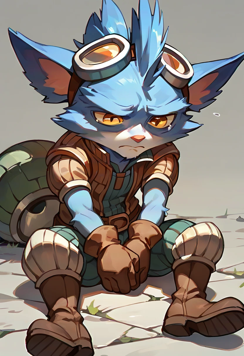 score_9, score_8_up, score_7_up, score_6_up, rumb13, 1boy, yordle, male focus,yellow eyes,glove,goggles, goggles on head, solo,boots, <lora:Rumble_Default_v1-by progress:0.7>, sitting on ground, (sad)