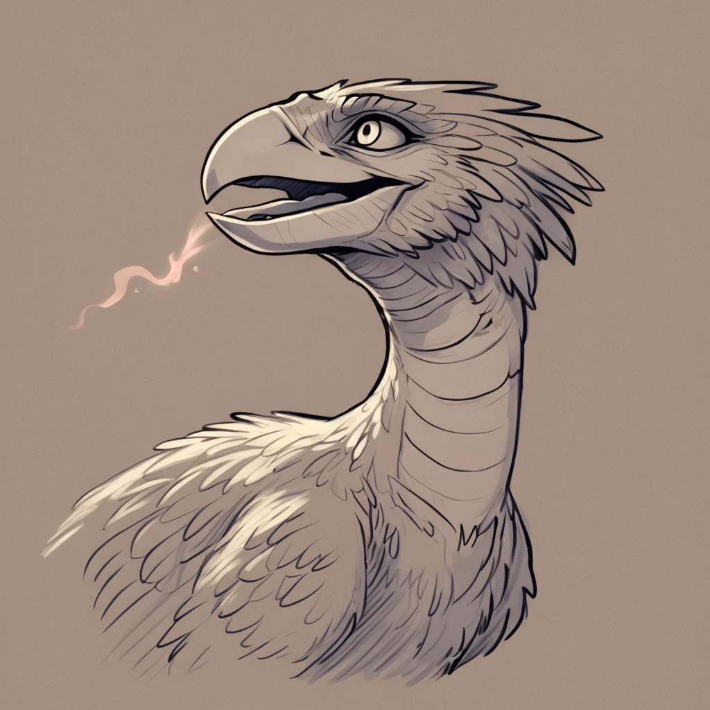 Terror Bird, pencil sketch, ancient runes, magic, mystical,  breathing fire, open mouth, <lora:Terror_Bird_Ark_Pony-000007:0.8>,   <lora:grimoire_noir:1>