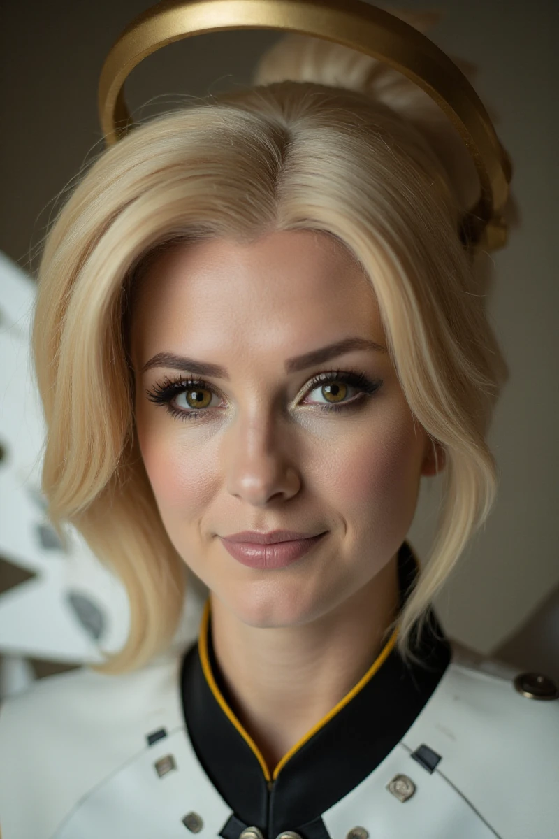 Mercy, a blond woman with a halo and wings, closeup face portrait. Professionnal photography. detailed eyes and skin. <lora:Mercy:0.9>