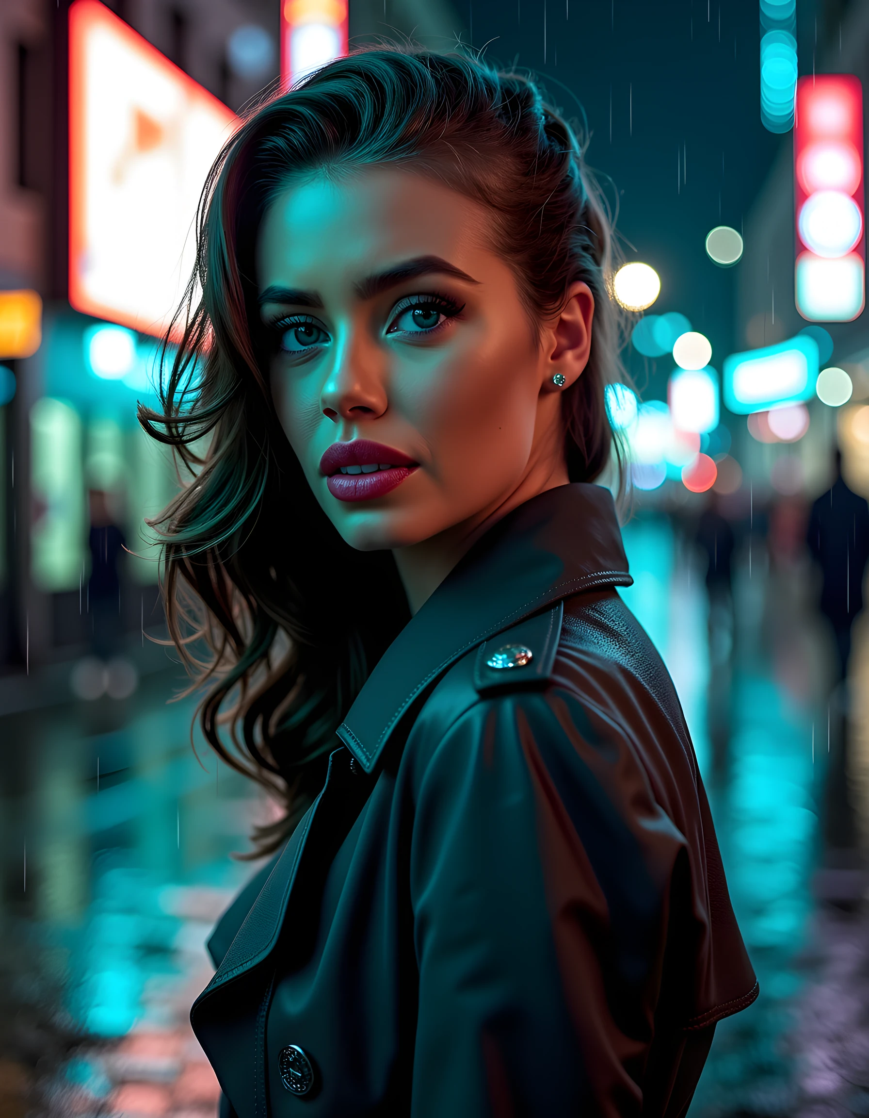 In a gritty, noir-inspired setting of dimly lit, rain-drenched cobblestone streets, the enigmatic N1C0L3AN - a woman with striking blue eyes and long, cascading raven hair that shimmers under the neon lights of a nearby billboard - stands at the edge of an alleyway, her lean, trench-coat-clad figure illuminated by the flickering glow of a streetlamp. Her intense gaze locks onto the viewer, her full, crimson lips slightly parted and adorned with intricate silver filigree jewelry that catches the raindrops, creating a mesmerizing dance of light against her pale skin. The image is captured in a close-up shot from below, emphasizing the dramatic contrast between the darkness of her eyes and the brilliance of the cityscape behind her, as she exudes an air of mystery and danger that leaves the viewer captivated.