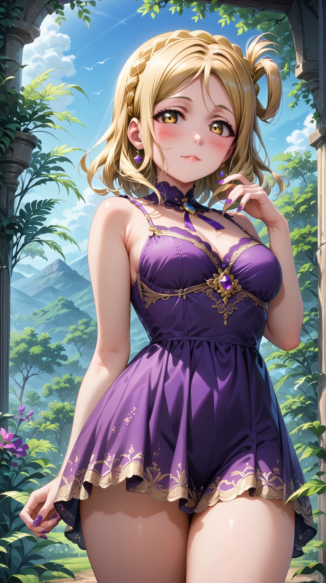 score_9, score_8_up, score_7_up, solo, 1girl, oharamari, blonde hair, yellow eyes, crown braid, hair rings, looking at viewer, medium breasts
purple dress, blush, short dress
(thighs:1.3), cowboy shot, outdoors, greenery, nail polish, sky, purple nails, 
<lora:mari-04:1>