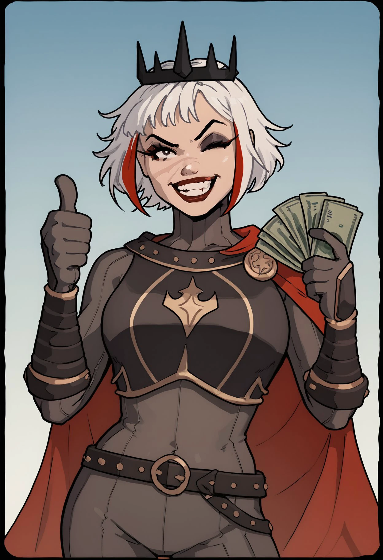 score_9, score_8_up, score_7_up, score_6_up, jameslemay-dh BREAK, gangstersb, thumbs up, one eye closed, grin, smile, holding money, portrait, looking at viewer, 1girl, solo, short hair, white hair, multicolored hair, makeup, scar, crown, armor, gloves, bracers, belt, bodysuit, cape <lora:Ulfger_PDXL:0.6> <lora:add-detail-xl:0.3>   <lora:gangstersb-guy-PONYv1:0.7> <lora:Artist_Style_-_James_LeMay_Norse_PDXL:1>