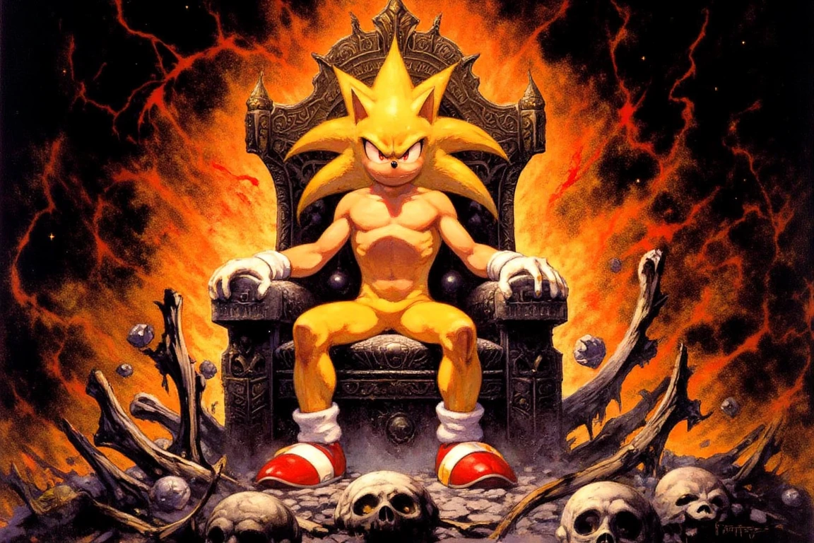 In the eerie glow of fiery embers, Super Sonic, SSONIC, a majestic furry male with vibrant yellow fur and piercing red eyes, sits regally upon a throne crafted from jagged bones. His white gloves stand out starkly against the dark backdrop of the underworld. Surrounded by a halo of black and white skulls, SSONIC's imposing presence seems to command the attention of all who dare enter this foreboding realm. Oil paint strokes dance across the canvas in bold, fantastical brushstrokes reminiscent of Fr4z3tt4's signature style. fantasy oil painting in the style of fr4z3tt4