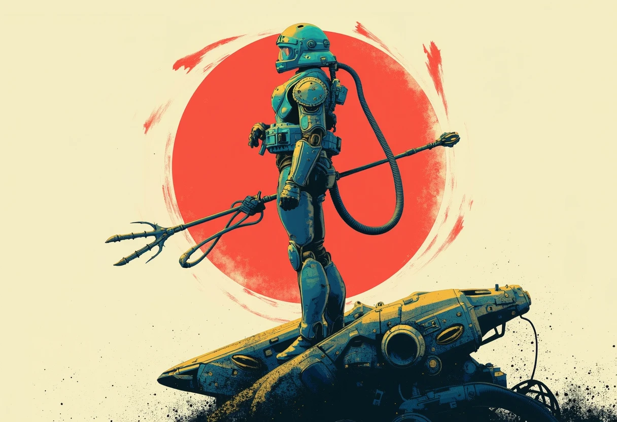 pscl, person standing in front of a red sun with cream white scrape marks wearing a blue helmet with hose coming out the front and metal chest plate with shoulder armor and gauntlets and a metal contraption on their back view from side holding a double edged staff with two spiked prongs on both ends with a wire standing on top of a mecha with only the top half of it visible, the cream colored background has a transparent gradiency that fades in black dots which turns into black background at the bottom with cream colored dots, there is a gold outline around the mecha and the staff