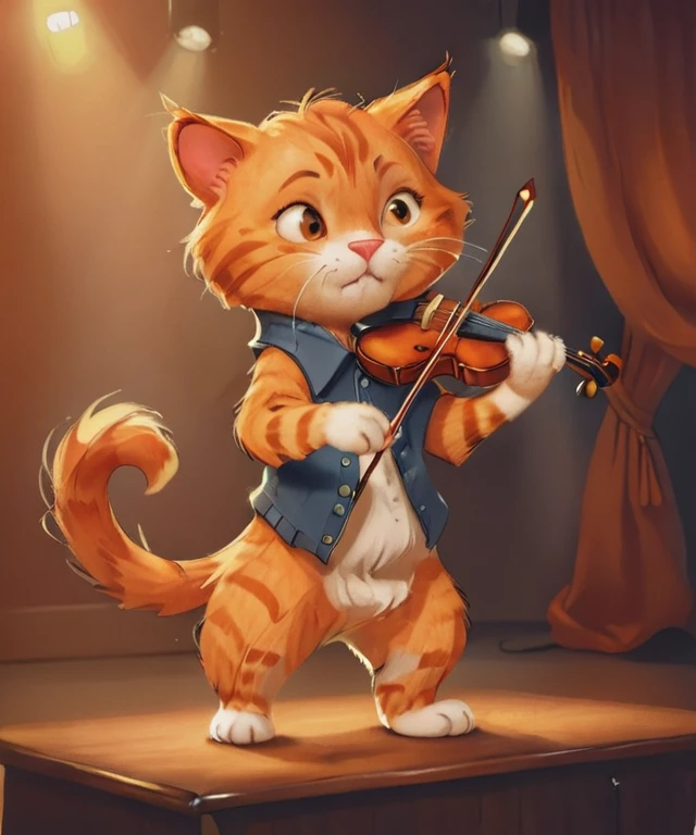 An adorable orange cat cub, dorky, very smooth fluff, cool standing on a stage, one paw crossed, playing a violin in his hand, stereo, spotlight, digital painting