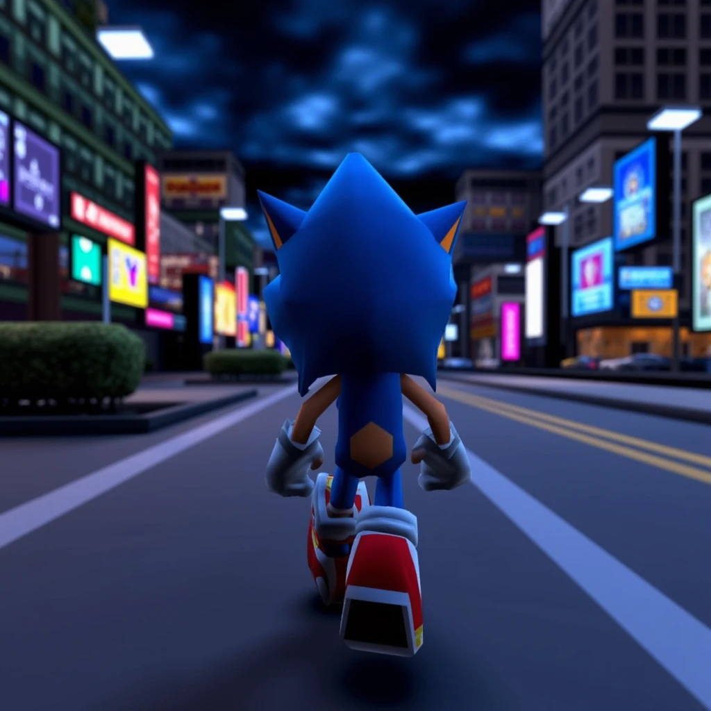 deus-ex, dex2k. A video game. a close up of sonic the hedgehog is in the centre of the image facing the vidwer, he is running in a futuristic city at night, looking at the viewer.