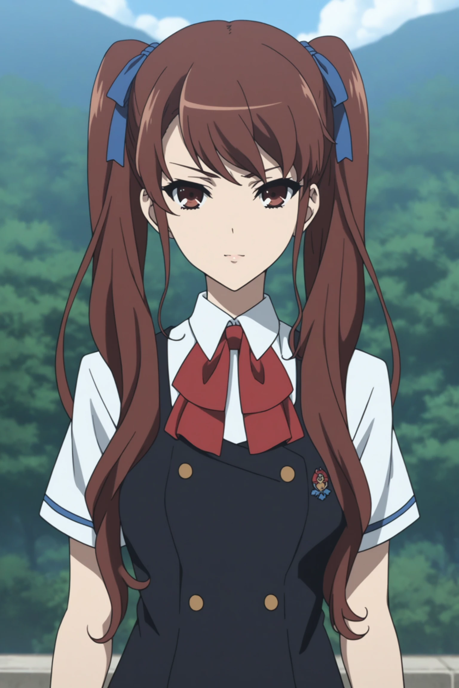 akazawa izumi, brown hair, long hair, twintails, blue hair ribbon, brown eyes, akazawaschoolsum, school uniform, short sleeves, black vest, white shirt, collared shirt, red neckerchief, school emblem, blue skirt, pleated skirt, black thighhighs, loafers, <lora:Izumi_Akazawa:0.9>, score_9, score_8_up, score_7_up, score_6_up, score_5_up, source_anime, rating_safe, medium breasts, outdoors, school, 1girl, solo, looking at viewer, <lora:age_slider_v4:1.5>, (dynamic pose:1.2), (upper body:1.2)