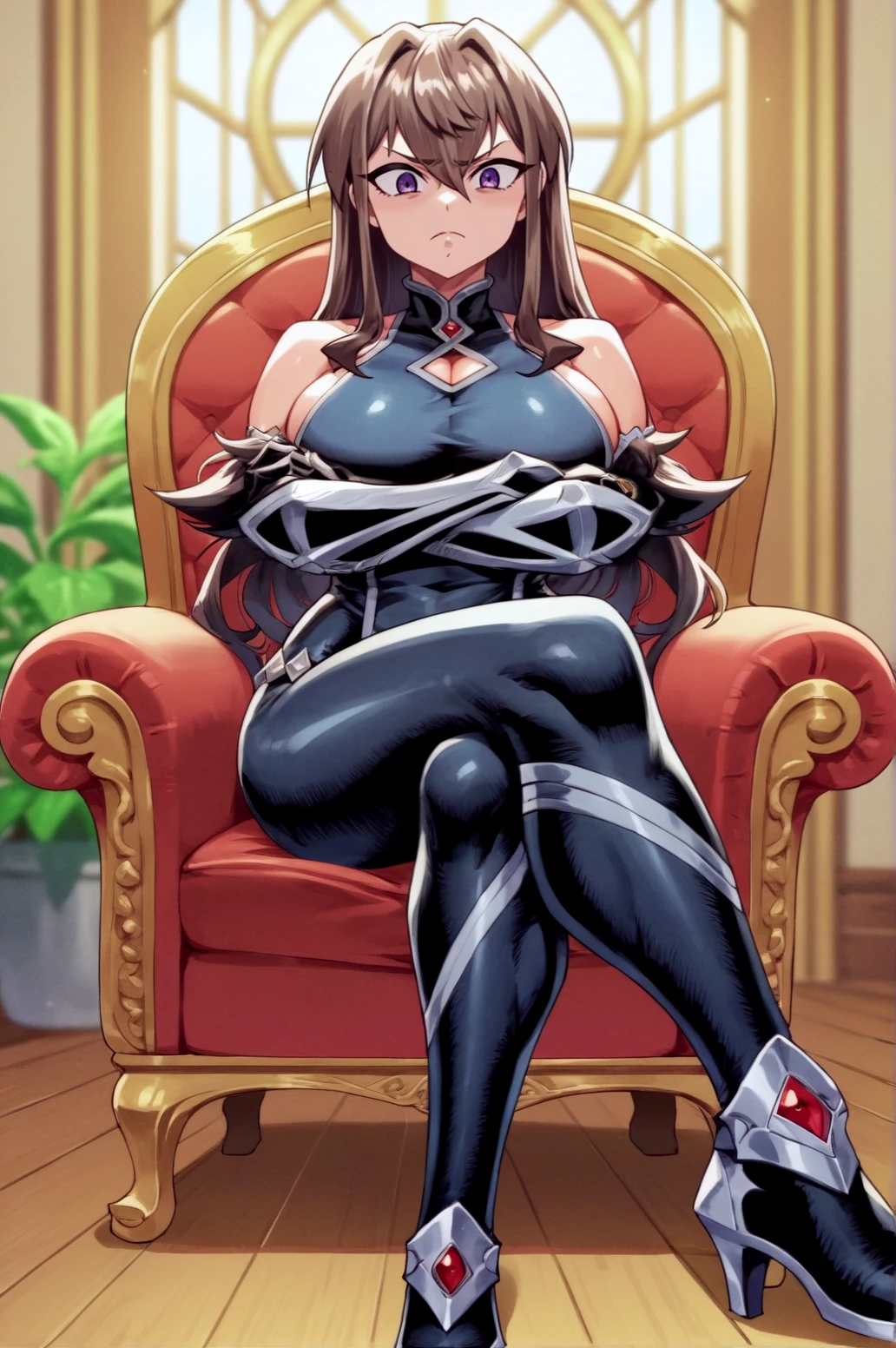 score_9, score_8_up, score_7_up,anime_source, source_anime, best background, detailed background, anime screencap,  Landorott, Latex Outfit, crossed legs, chair, sitting, crossed arms, indoors,  <lora:JN_Mary_Landorott:0.8>