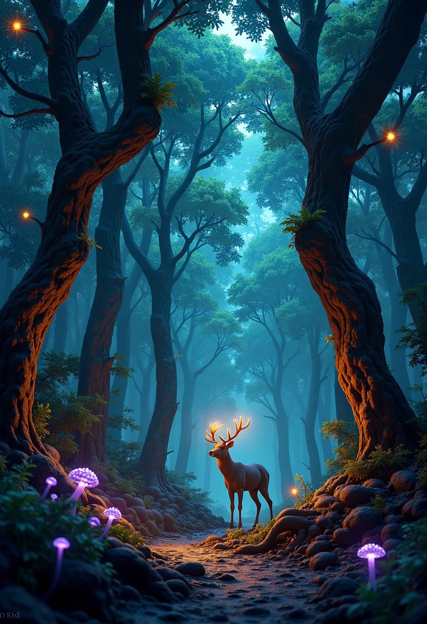 Envision a dense, ancient forest where every tree, plant, and creature glows with a bioluminescent light. The towering trees have bark that emits a soft, greenish glow, with veins of light running up and down their trunks. The leaves above shimmer in shades of blue and purple, creating a canopy of light that illuminates the forest floor. Tiny, glowing insects flit through the air, leaving trails of light behind them. On the ground, the roots of the trees pulse with a soft, white light, and bioluminescent fungi spread across the forest floor, casting an eerie yet beautiful glow. In the distance, the shadowy figure of a deer moves silently through the forest, its antlers glowing brightly, like a crown of light. The scene is mystical, almost otherworldly, as the forest comes alive with bioluminescence.