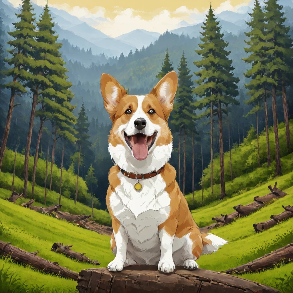 sfw, masterpiece, best quality,absurderes,(awooga:1.2), <lora:AwoogaXL:1.3>,1dog,no humans,animal focus,welsh corgi,cartoon,open mouth,outdoors,forest,trees