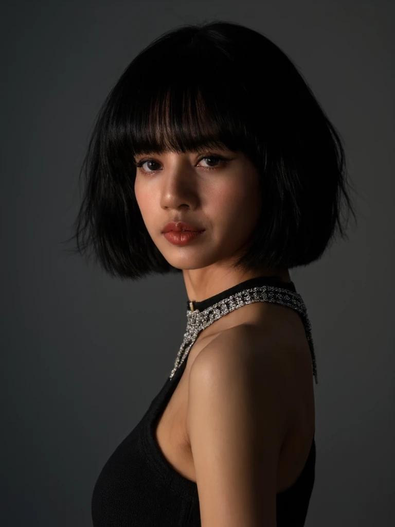 Portrait of blalis woman posing for the camera. She has short black hair and is wearing black and white clothing. The setting is a photoshoot in a studio with professional lighting.