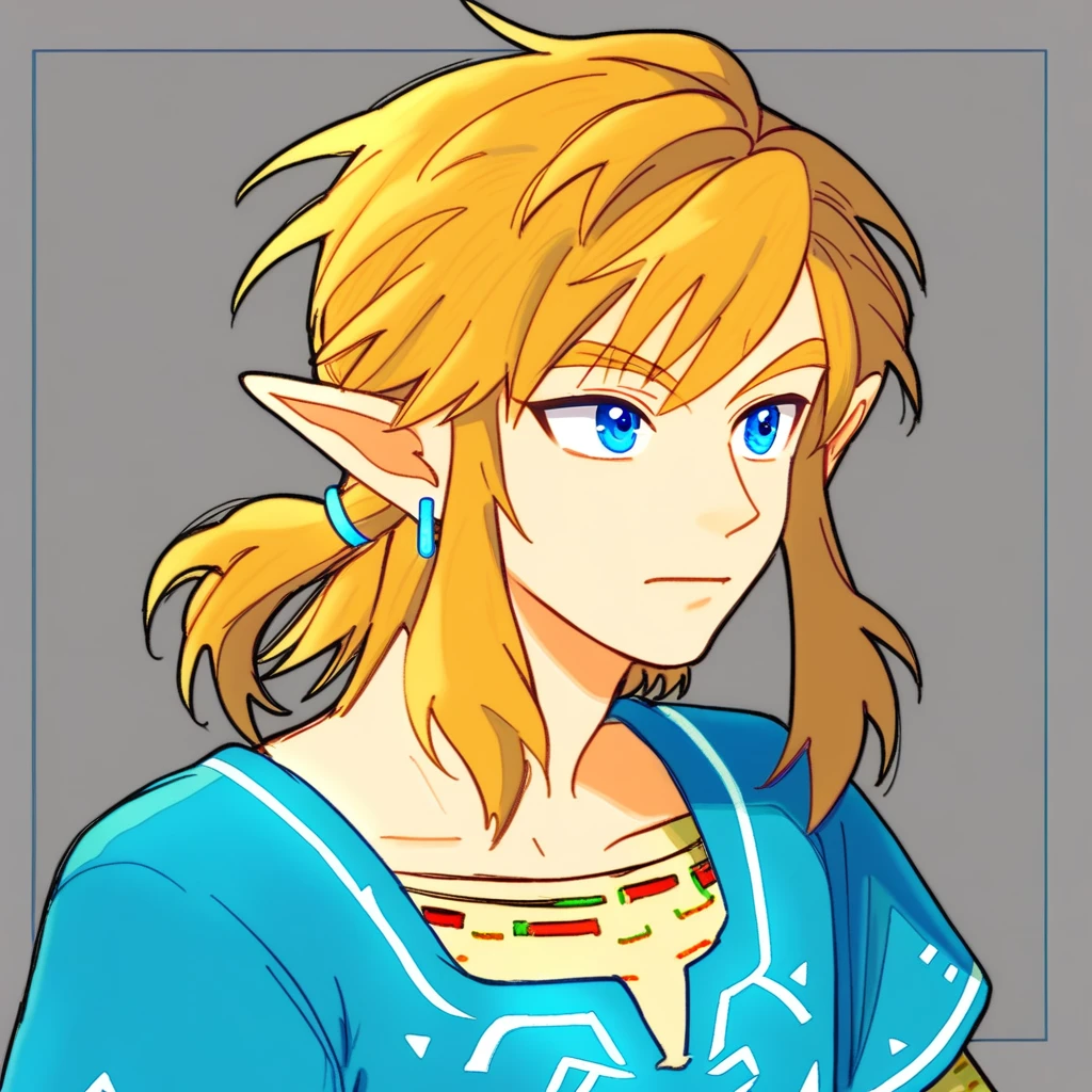 1boy,solo,male focus,link1,link,pointy ears,blonde hair,blue eyes,medium hair,side locks,earrings,short ponytail