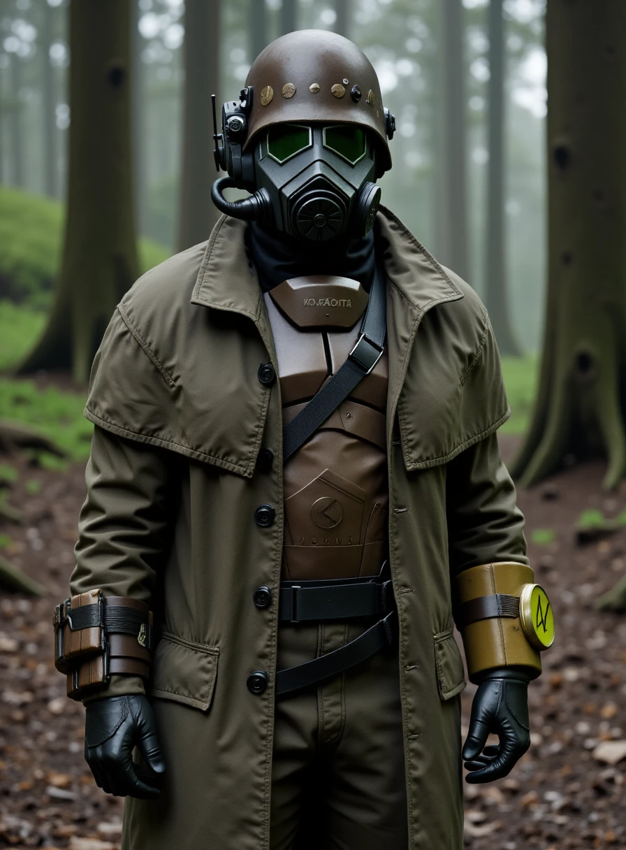 very detailed realistic photography of d3s3rtr4flux, helmet, gas mask, gloves, coat, standing in the forest, <lora:Desert_ranger_VX_-_Flux_Dev:1>